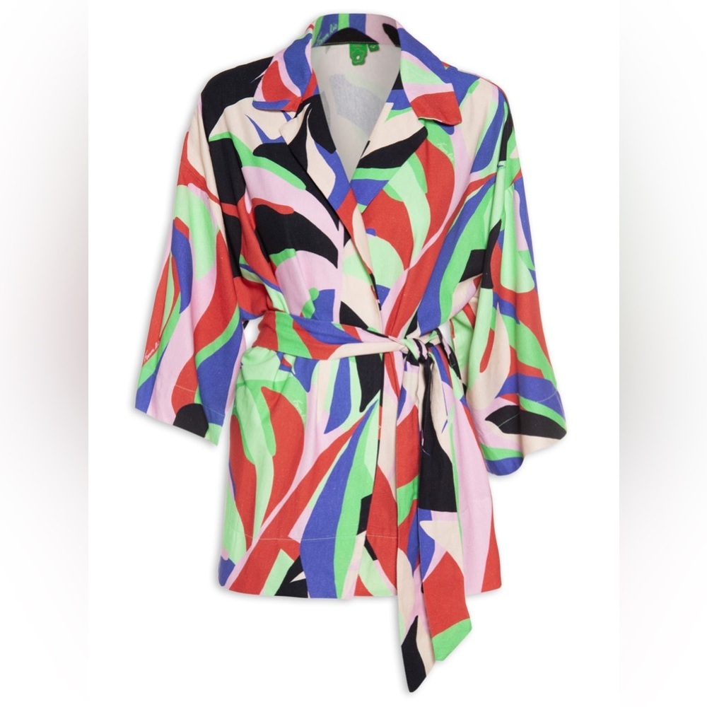 Farm Rio Women's Fresh Foliage Colorful Print Tie Waist Casual Jacket Kimono XS